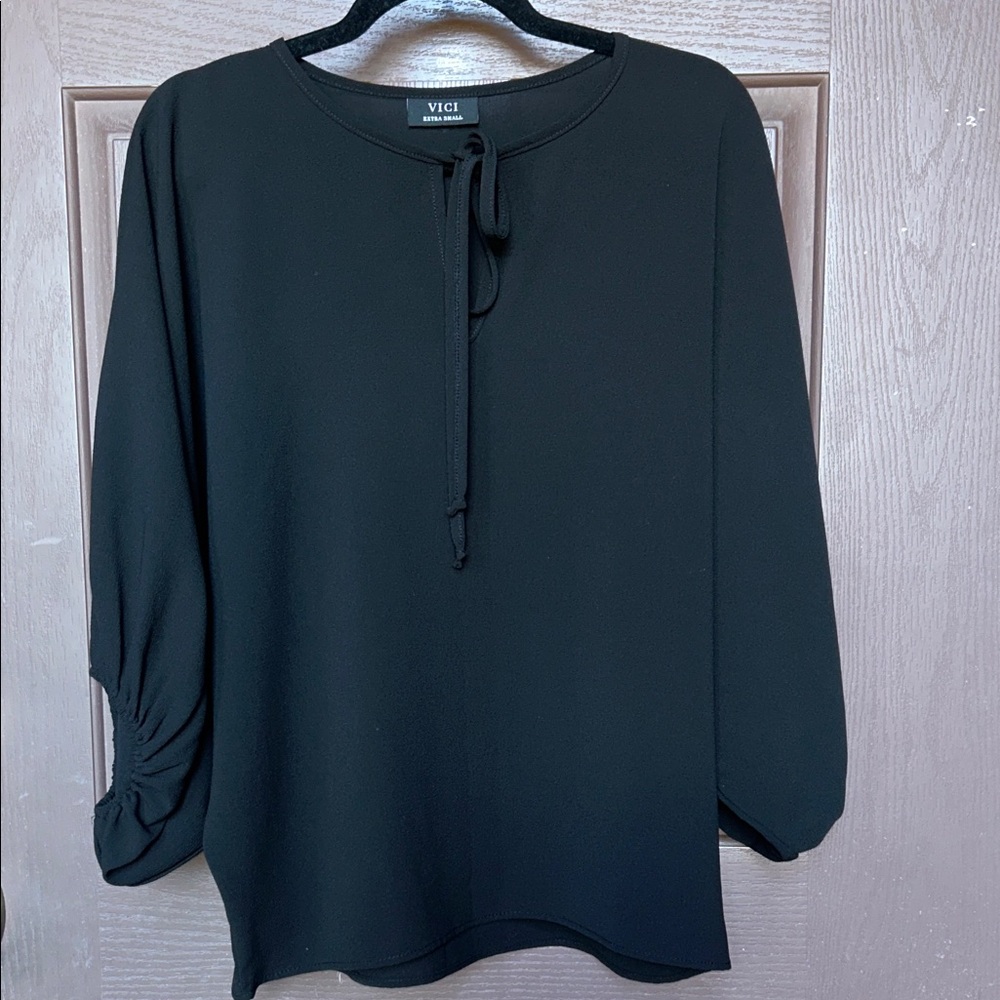 Vici Black Blouse with Ruched Sleeves